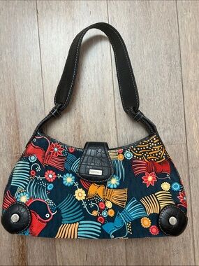 Pineda Covalin Mexico Artsy Patterned Bird-Print Shoulder Bag with Black Trim